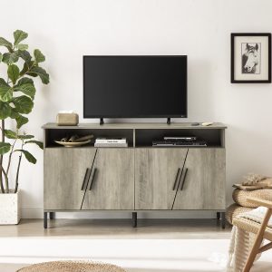 Farmhouse style TV Stand, TV station with storage and open drawers, entertainment center console table, living room media furniture. Grey, 58''W x 15.75''D x 31.5''H